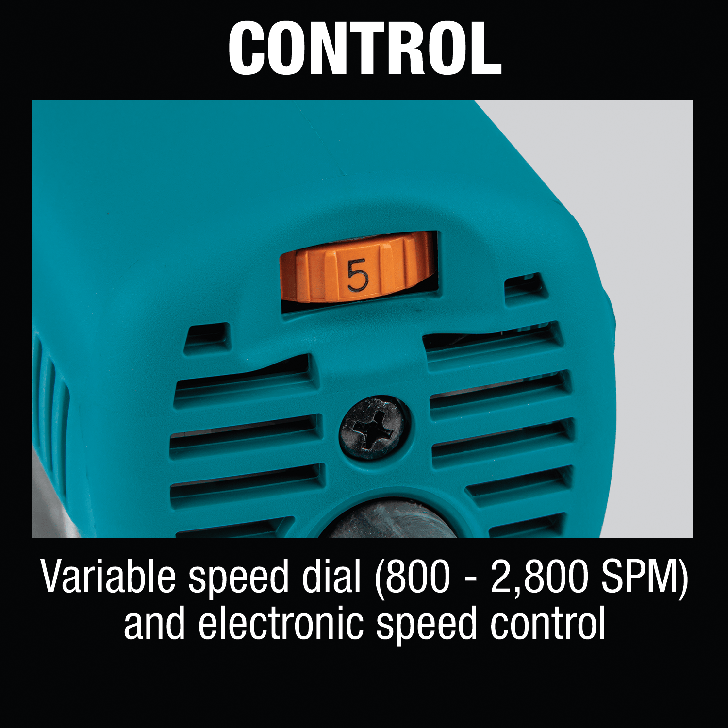 Variable speed adjustment dial on the rear handle of the Makita 4351FCT jig saw set to control blade speed between 800 and 2,800 SPM.