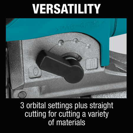 Side selector lever on the Makita 4351FCT jig saw showing the 3 orbital stroke settings and straight-line cutting mode options.