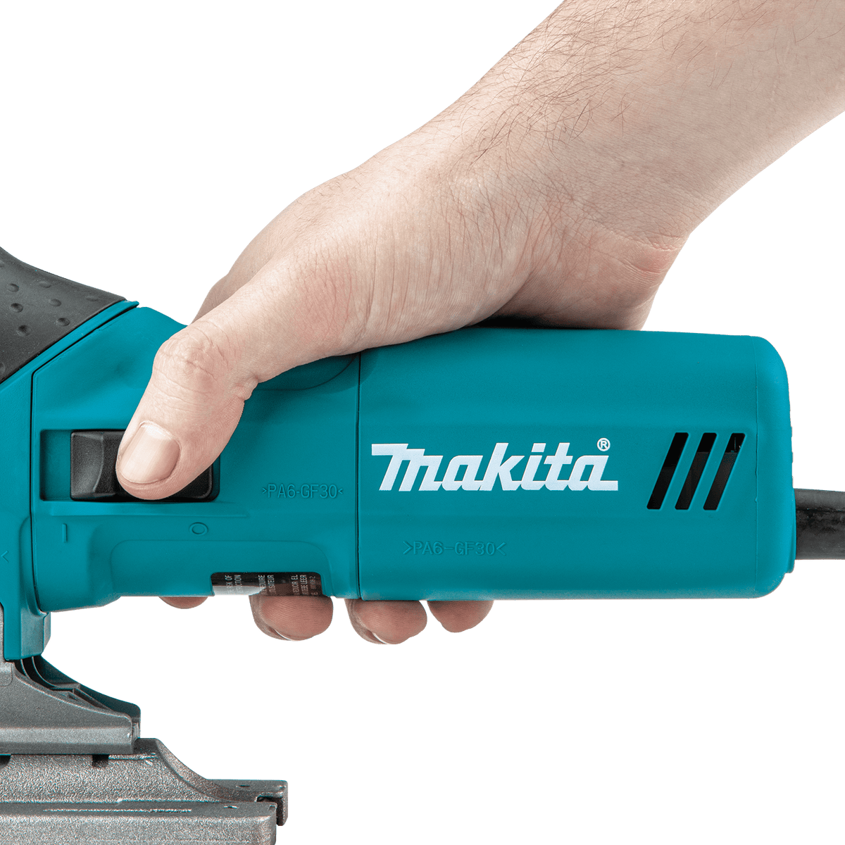 Ergonomic barrel grip handle on the Makita 4351FCT corded jig saw providing close-to-work body positioning for detailed scroll cuts.