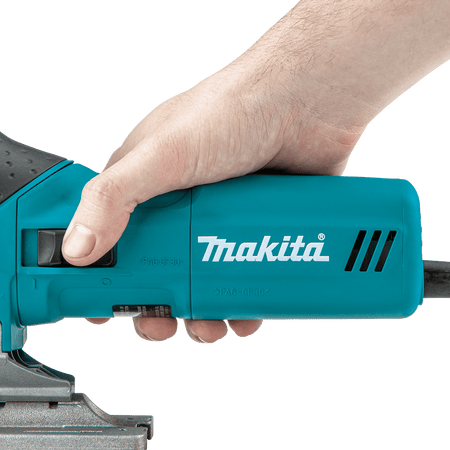 Ergonomic barrel grip handle on the Makita 4351FCT corded jig saw providing close-to-work body positioning for detailed scroll cuts.