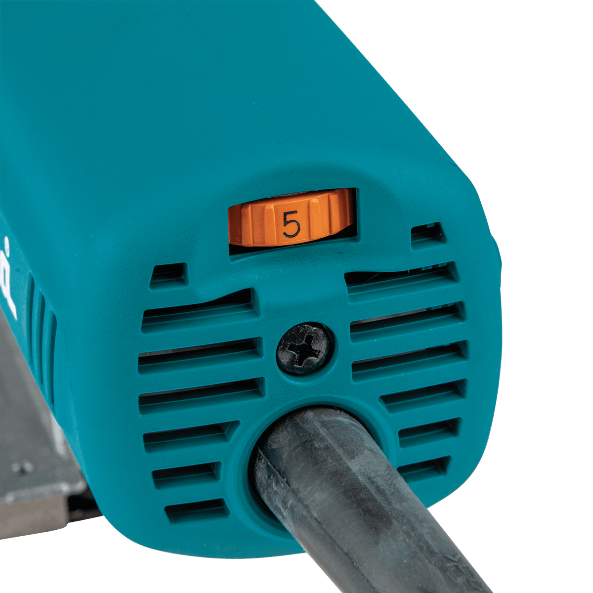 Detailed close-up of the rear speed control wheel on the Makita 4351FCT jig saw showing speed setting 5 for aggressive cutting.