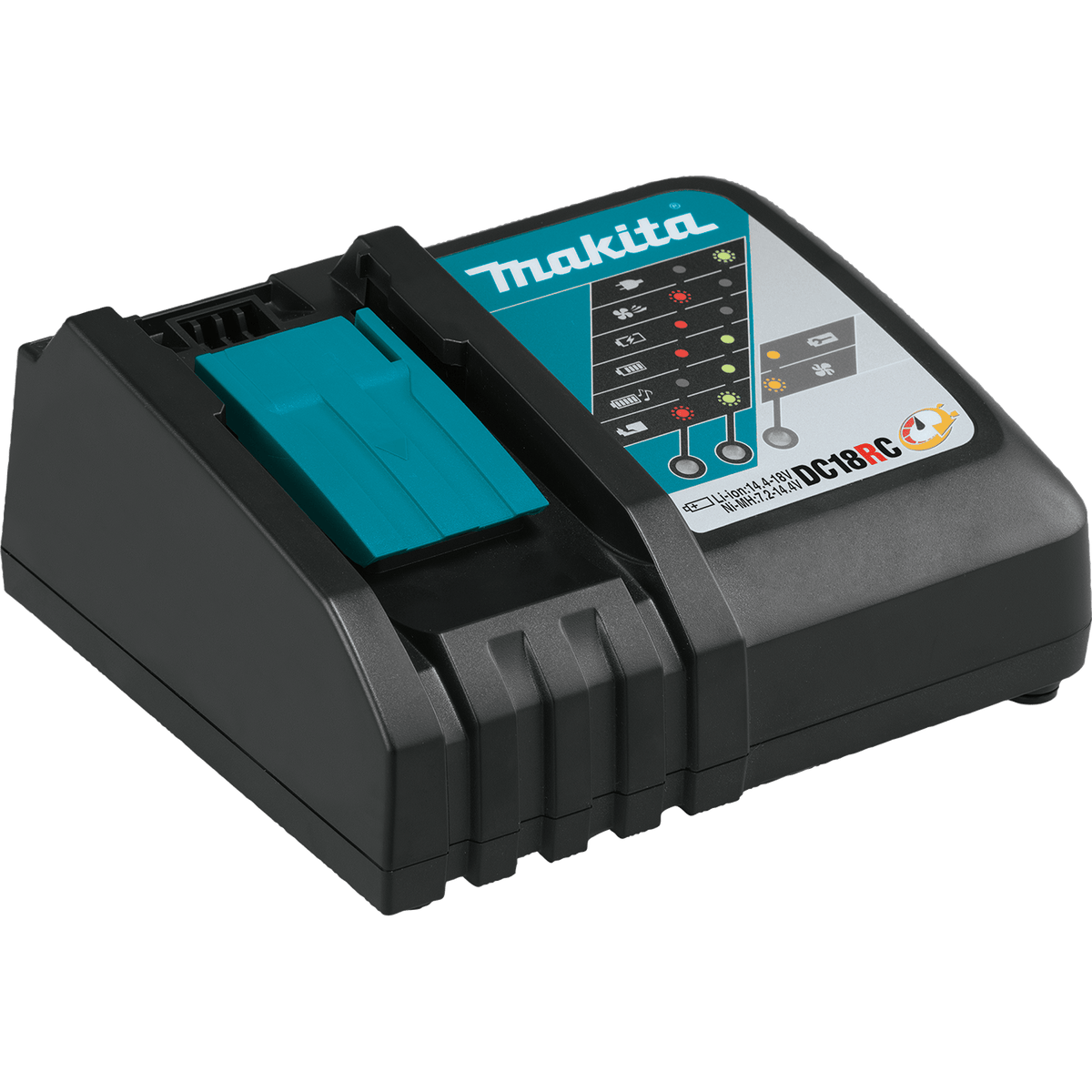 Makita DC18RC 18V LXT rapid optimum battery charger featuring an active cooling fan port and LED status indicator panel.