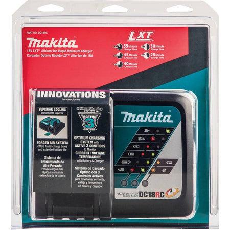 Retail clamshell packaging for Makita DC18RC highlighting forced-air cooling, active 3-control technology, and 25-55 minute charge specs.
