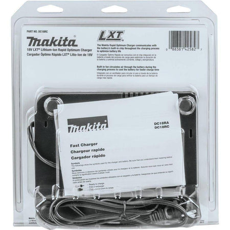 Back of Makita DC18RC packaging detailing smart chip communication, forced-air fan cooling, and UPC 088381-425827 for quick product verification.