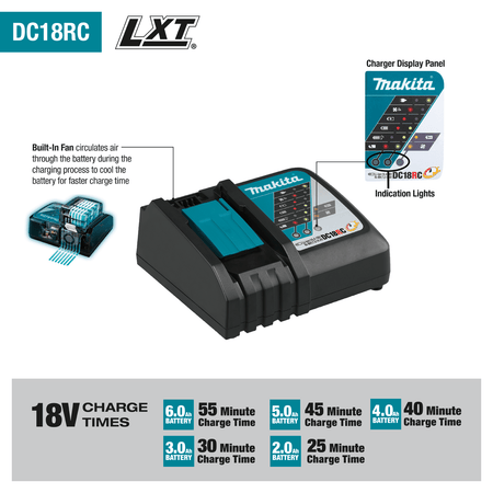 Makita DC18RC feature chart detailing forced-air cooling fan technology and exact 18V battery charge times from 25 to 55 minutes.