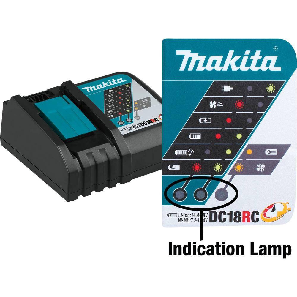 Close-up diagram of the Makita DC18RC control panel explaining LED light indicator symbols for battery thermal monitoring.