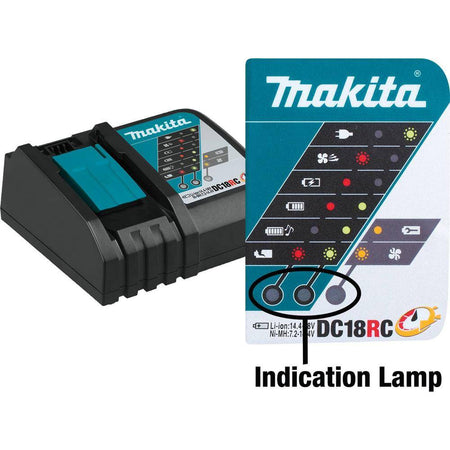 Close-up diagram of the Makita DC18RC control panel explaining LED light indicator symbols for battery thermal monitoring.