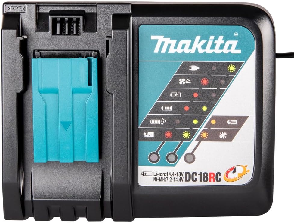 Top view of the Makita DC18RC charger housing showing the slide-style battery terminal dock and status light diagnostic key.