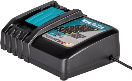 Rear angle of the Makita DC18RC battery charger showing the heavy-duty AC power cord entry and cooling air intake vents.