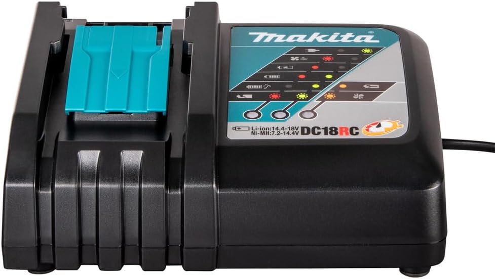 Front profile of the Makita DC18RC charger detailing the dual 14.4V and 18V lithium-ion slide battery mounting dock.