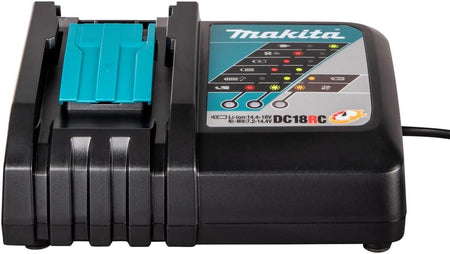 Front profile of the Makita DC18RC charger detailing the dual 14.4V and 18V lithium-ion slide battery mounting dock.