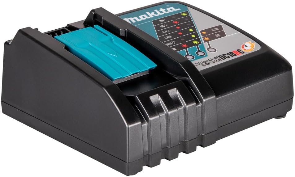 Side view of the Makita DC18RC rapid charger showing the impact-resistant ABS body shell and non-slip rubber foot pads.