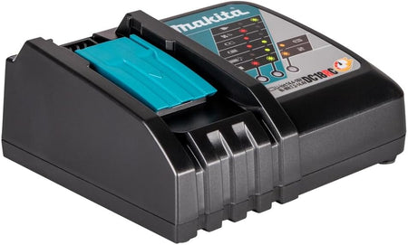 Side view of the Makita DC18RC rapid charger showing the impact-resistant ABS body shell and non-slip rubber foot pads.