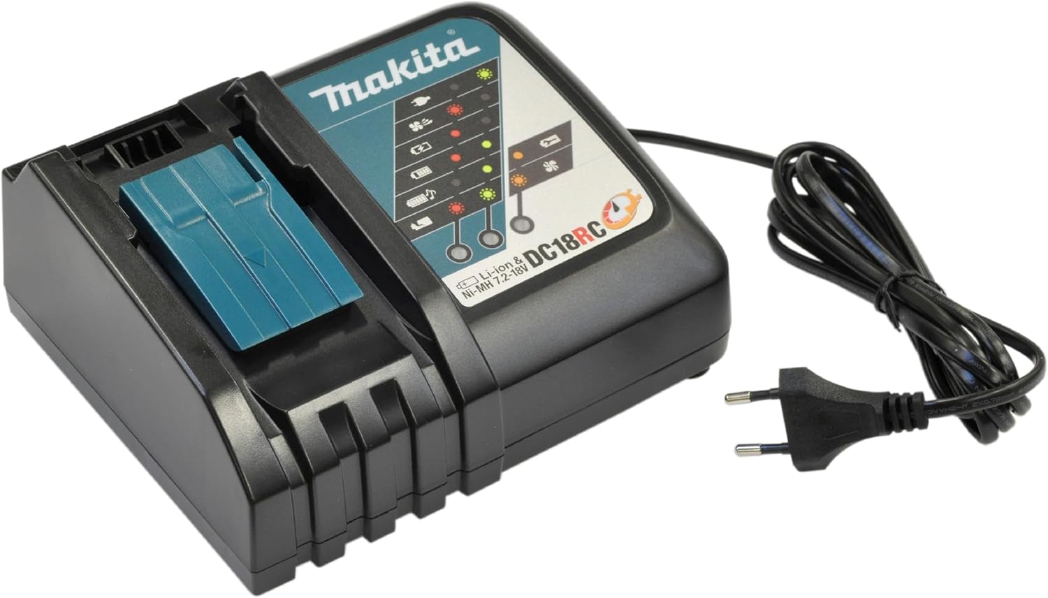 Makita DC18RC rapid charger with bundled AC power cord prepared for standard 120V jobsite power outlet connection.