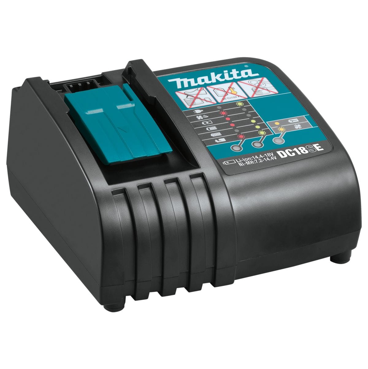Makita DC18SE automotive charger showing slide terminal dock and LED diagnostic panel for charging 18V LXT batteries from vehicle DC outlets.