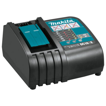Makita DC18SE automotive charger showing slide terminal dock and LED diagnostic panel for charging 18V LXT batteries from vehicle DC outlets.