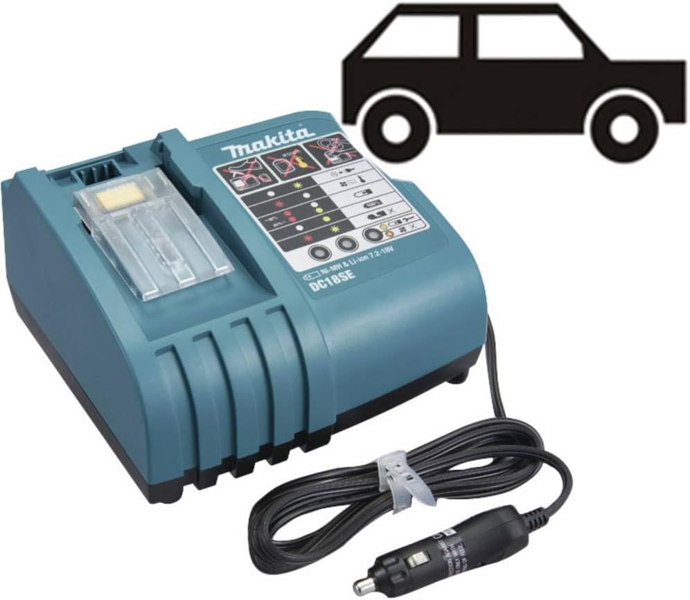 Makita DC18SE 18V automotive battery charger with attached 12V vehicle lighter plug adapter designed for mobile service van charging.