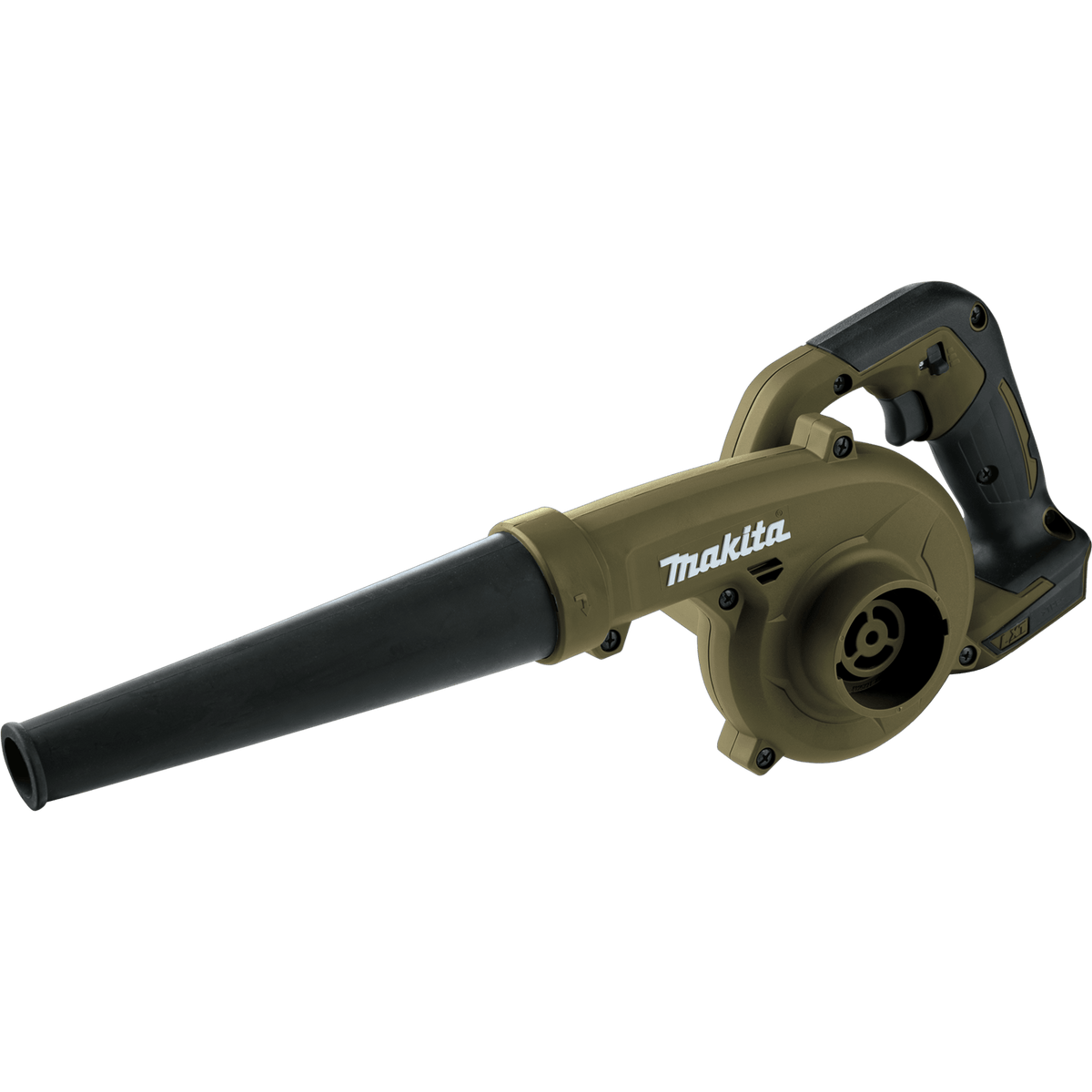 Makita ADBU05Z 18V LXT Outdoor Adventure handheld blower featuring a 219 MPH high-torque fan assembly and removable rubber nozzle.
