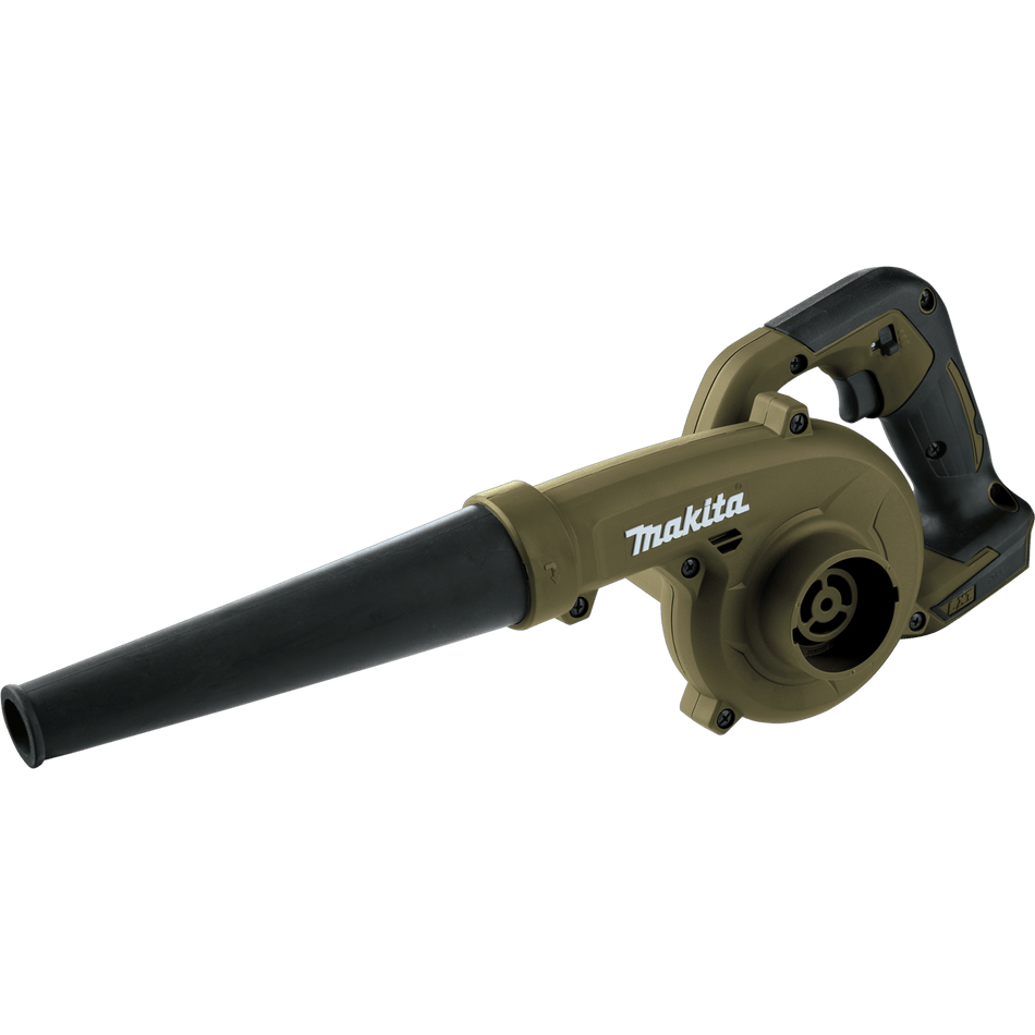 Makita ADBU05Z 18V LXT Outdoor Adventure handheld blower featuring a 219 MPH high-torque fan assembly and removable rubber nozzle.