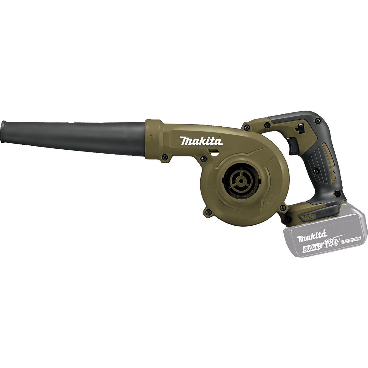 Side profile of the Makita ADBU05Z 18V cordless blower showing its compact 20-3/8-inch length and ergonomic rubberized handle grip.