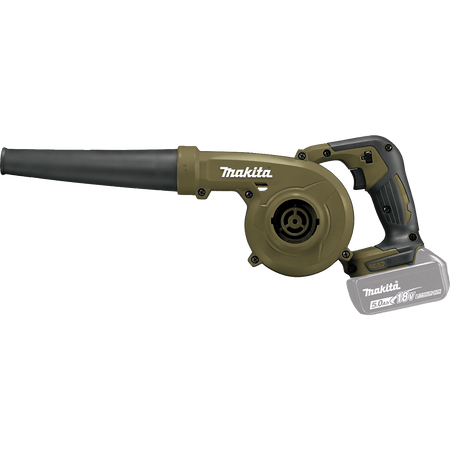 Side profile of the Makita ADBU05Z 18V cordless blower showing its compact 20-3/8-inch length and ergonomic rubberized handle grip.
