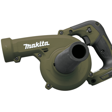 Angled front view of the air intake fan housing and nozzle attachment interface on the Makita ADBU05Z 18V LXT handheld blower.