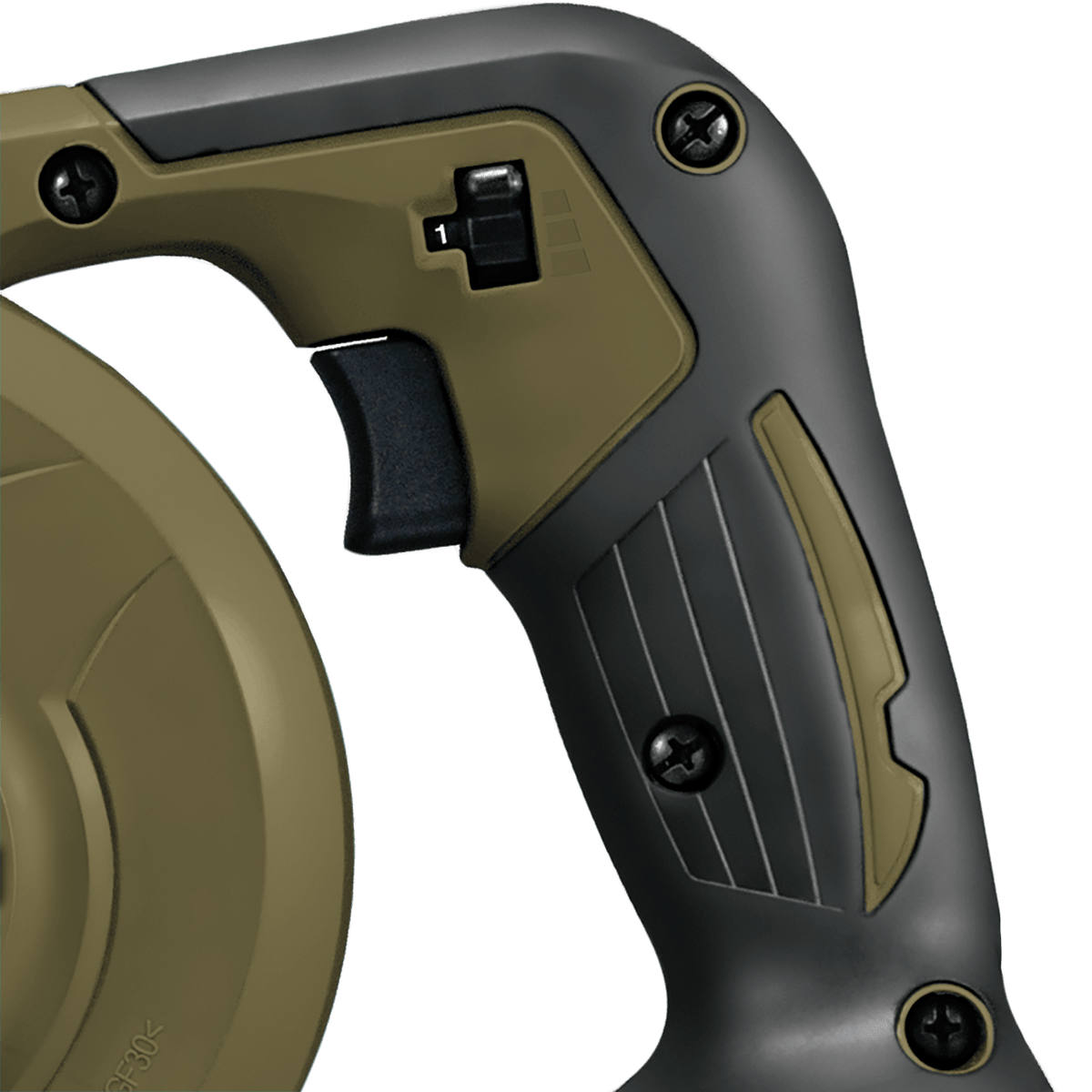 Close-up of the variable speed trigger and 3-speed selector dial set to speed 1 on the handle of the Makita ADBU05Z blower.