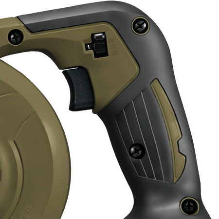 Close-up of the variable speed trigger and 3-speed selector dial set to speed 1 on the handle of the Makita ADBU05Z blower.