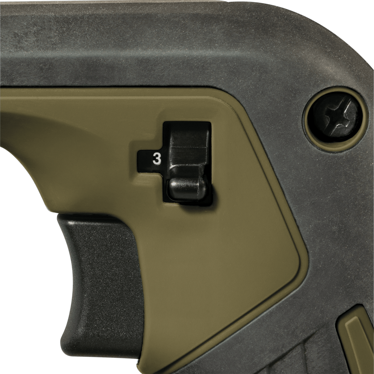 Close-up of the 3-speed mechanical air velocity control switch set to speed 3 on the Makita ADBU05Z 18V LXT blower handle.