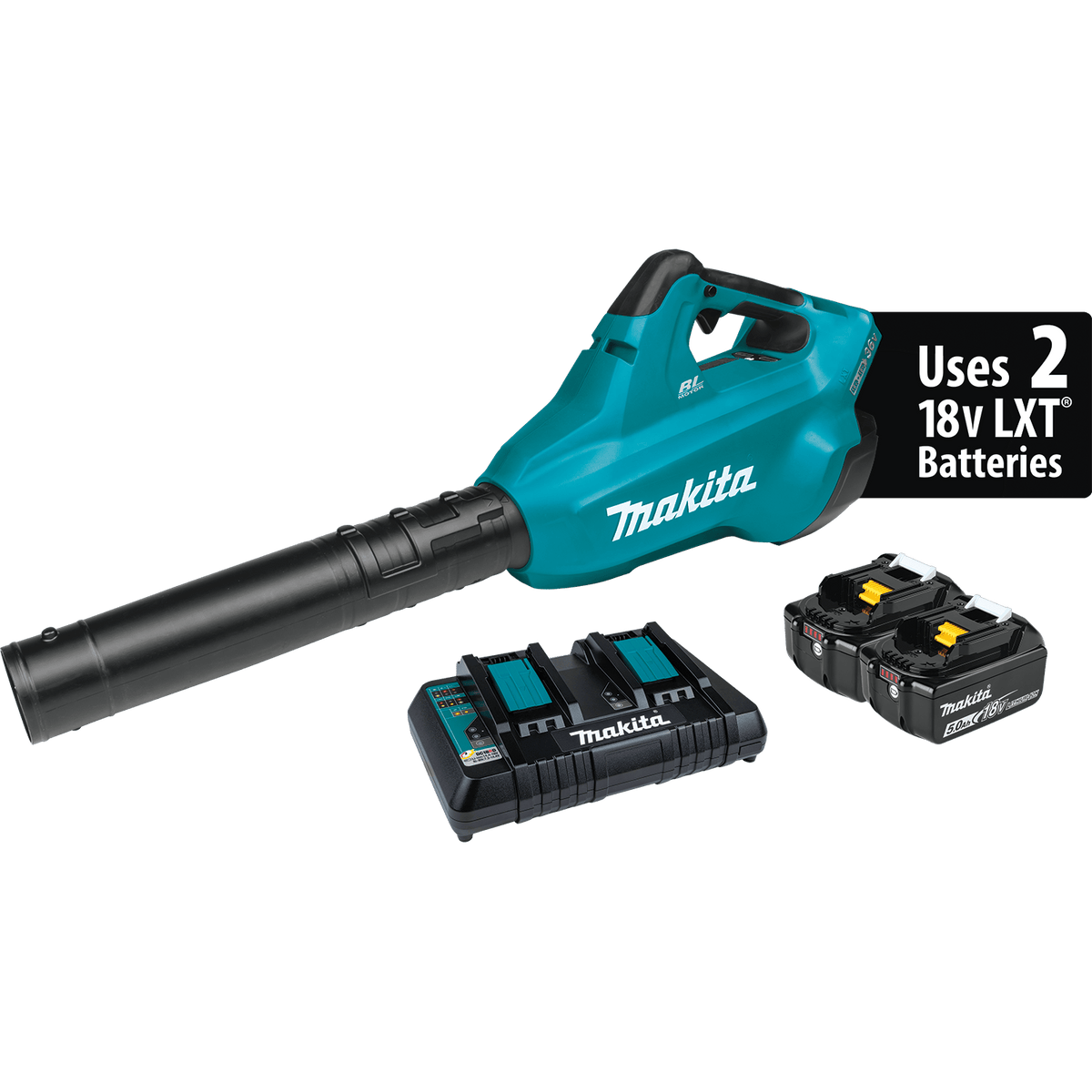 Full Makita XBU02PT 36V 18V X2 LXT handheld blower kit featuring the 473 CFM blower, two 5.0Ah lithium-ion batteries, and a dual-port charger.
