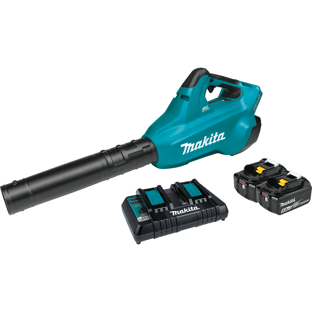Full Makita XBU02PT 36V 18V X2 LXT brushless blower kit featuring the handheld blower, two 5.0Ah batteries, and a dual-port rapid charger.