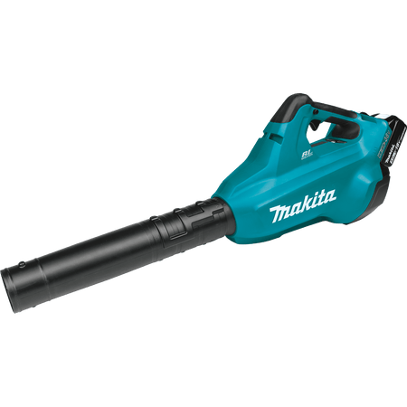 Makita XBU02 36V cordless handheld blower displaying its 3-stage telescoping long nozzle assembly and ergonomic in-line fan housing.