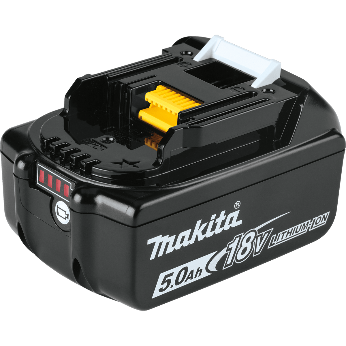 Makita BL1850B 18V LXT 5.0Ah lithium-ion battery with terminal cover and integrated LED battery charge level indicator.