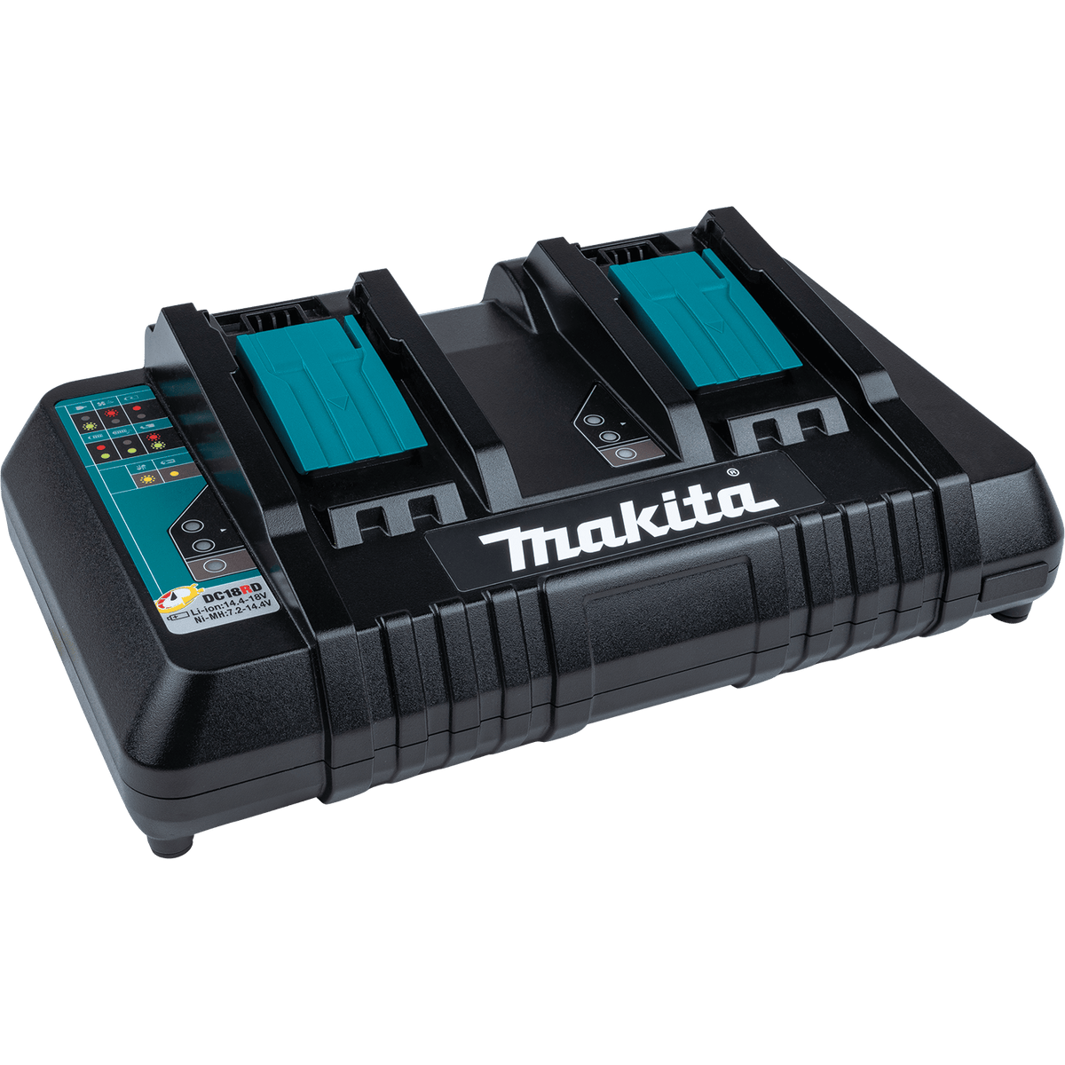 Makita DC18RD 18V LXT dual-port rapid optimum charger engineered to charge two 5.0Ah lithium-ion batteries simultaneously in 45 minutes.