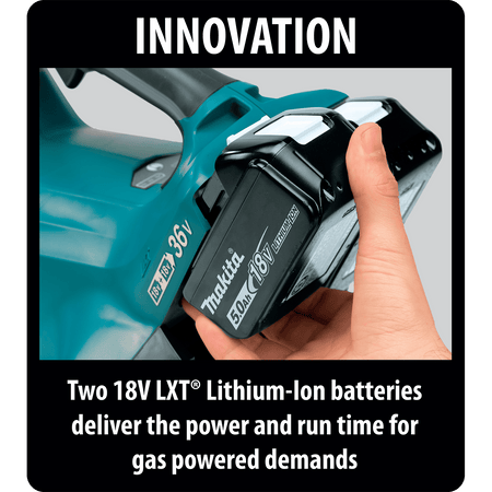 Hand sliding a Makita 18V LXT 5.0Ah battery into the dual battery port of the XBU02 36V brushless blower for cordless 36V power.
