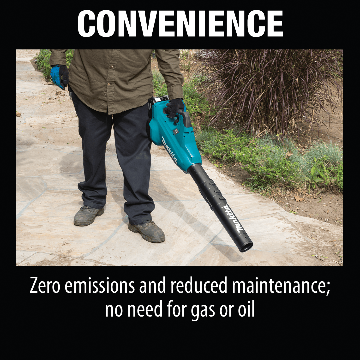 Landscaper using the quiet 61 dB(A) Makita XBU02PT 36V cordless blower to clear leaves off a stone walkway without gas emissions.