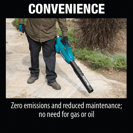 Landscaper using the quiet 61 dB(A) Makita XBU02PT 36V cordless blower to clear leaves off a stone walkway without gas emissions.