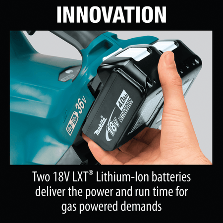 Close-up of a hand installing an 18V LXT battery into the Makita 36V 18V X2 handheld blower system.