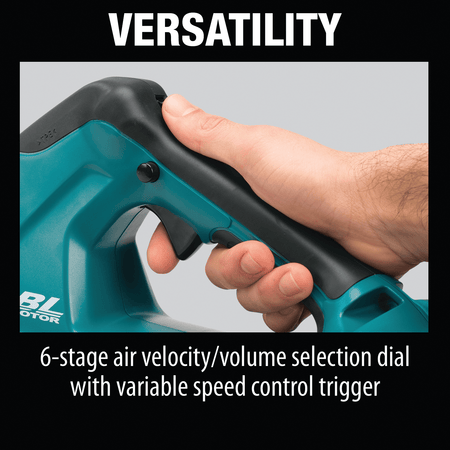 Close-up of the 6-stage speed selector dial and variable speed trigger on the ergonomic handle of the Makita XBU02 blower.