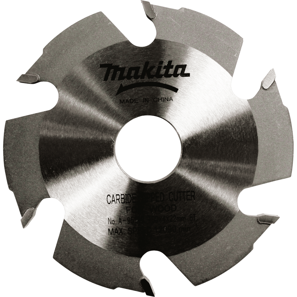 Makita A-95118 4-inch 6-tooth carbide-tipped plate joiner blade showing the laser-etched model number and cutting teeth.