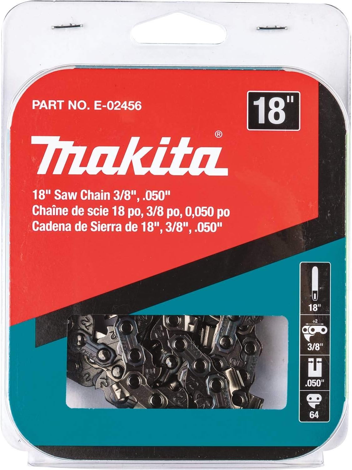 Makita E-02456 product packaging displaying key 18-inch length, 3/8-inch pitch, .050-inch gauge, and 64 drive link specifications.