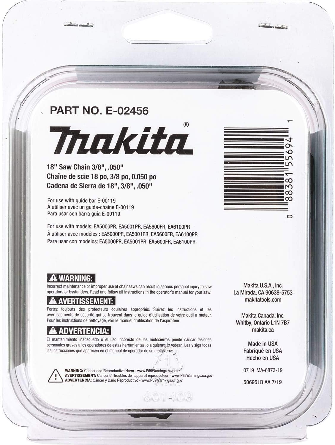 Back of Makita E-02456 packaging listing direct compatibility with chainsaw models EA5000PR, EA5001PR, EA5600FR, and EA6100PR.