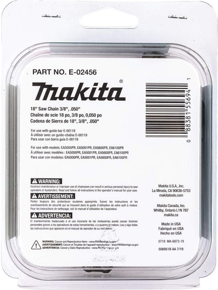 Back of Makita E-02456 packaging listing direct compatibility with chainsaw models EA5000PR, EA5001PR, EA5600FR, and EA6100PR.