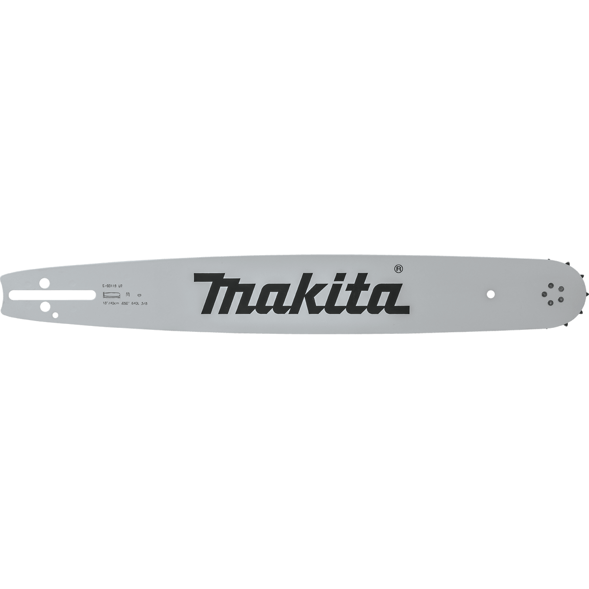 Makita E-00119 18-inch chromoly steel guide bar featuring a K095 tail mount and sprocket nose for smooth 3/8-pitch chain rotation.