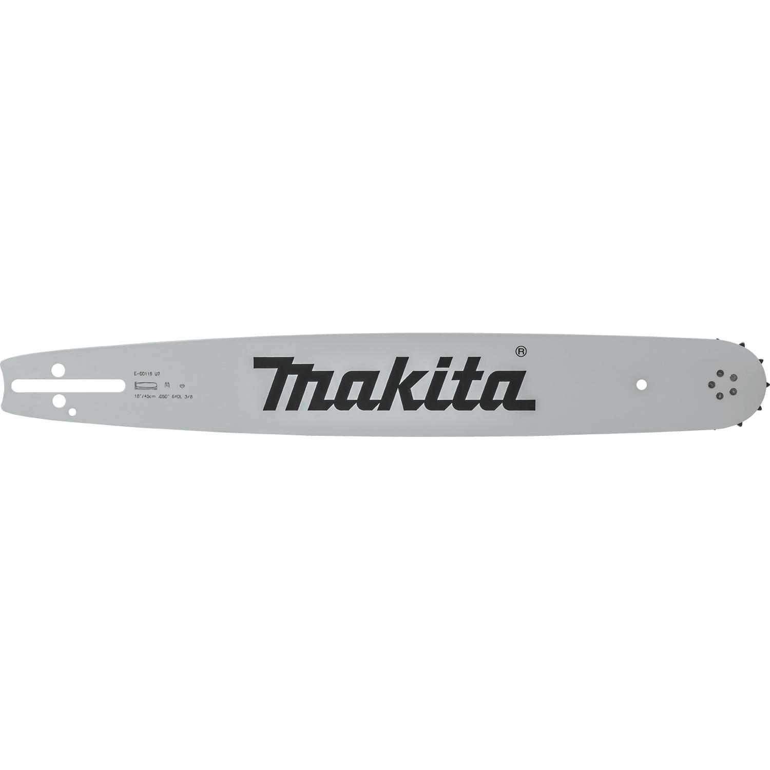 Makita E-00119 18-inch chromoly steel guide bar featuring a K095 tail mount and sprocket nose for smooth 3/8-pitch chain rotation.