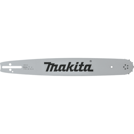 Makita E-00119 18-inch chromoly steel guide bar featuring a K095 tail mount and sprocket nose for smooth 3/8-pitch chain rotation.