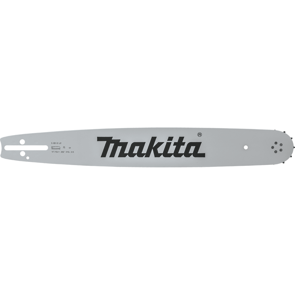 Makita E-00119 18-inch chromoly steel guide bar featuring a K095 tail mount and sprocket nose for smooth 3/8-pitch chain rotation.