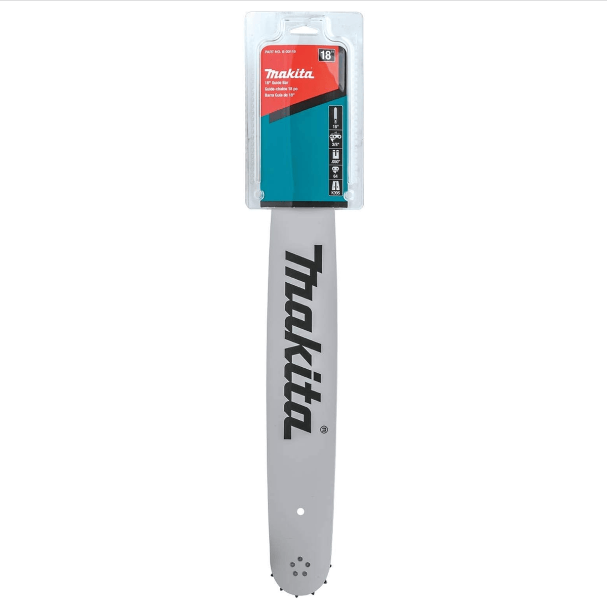 Front packaging for the Makita E-00119 guide bar showing key specs: 18-inch length, 3/8-inch pitch, .050-inch gauge, 64 links, and K095 mount.