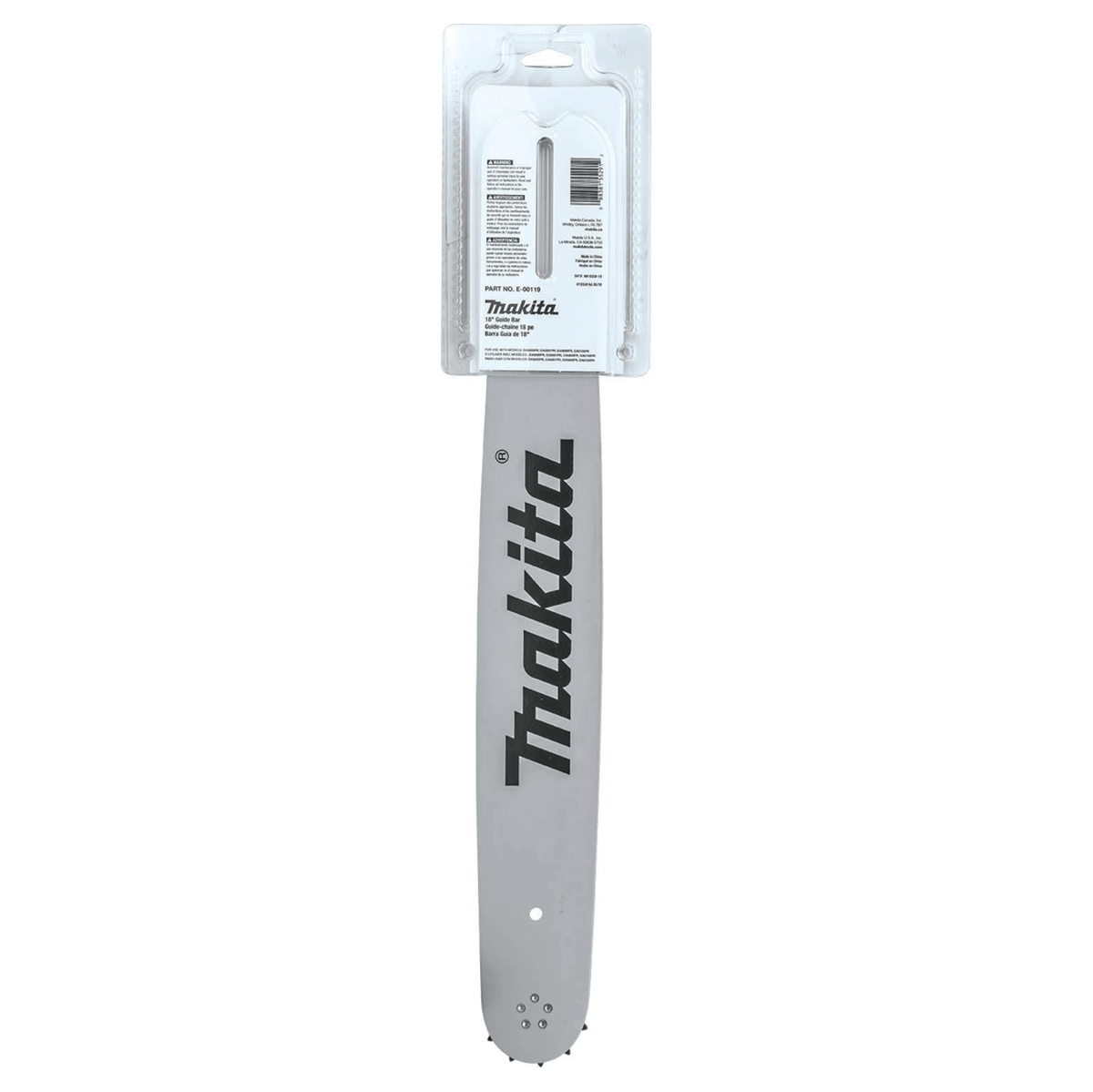 Back packaging of the Makita E-00119 18-inch chainsaw bar confirming direct fitment for gas models EA5000PR, EA5001PR, EA5600FR, and EA6100PR.