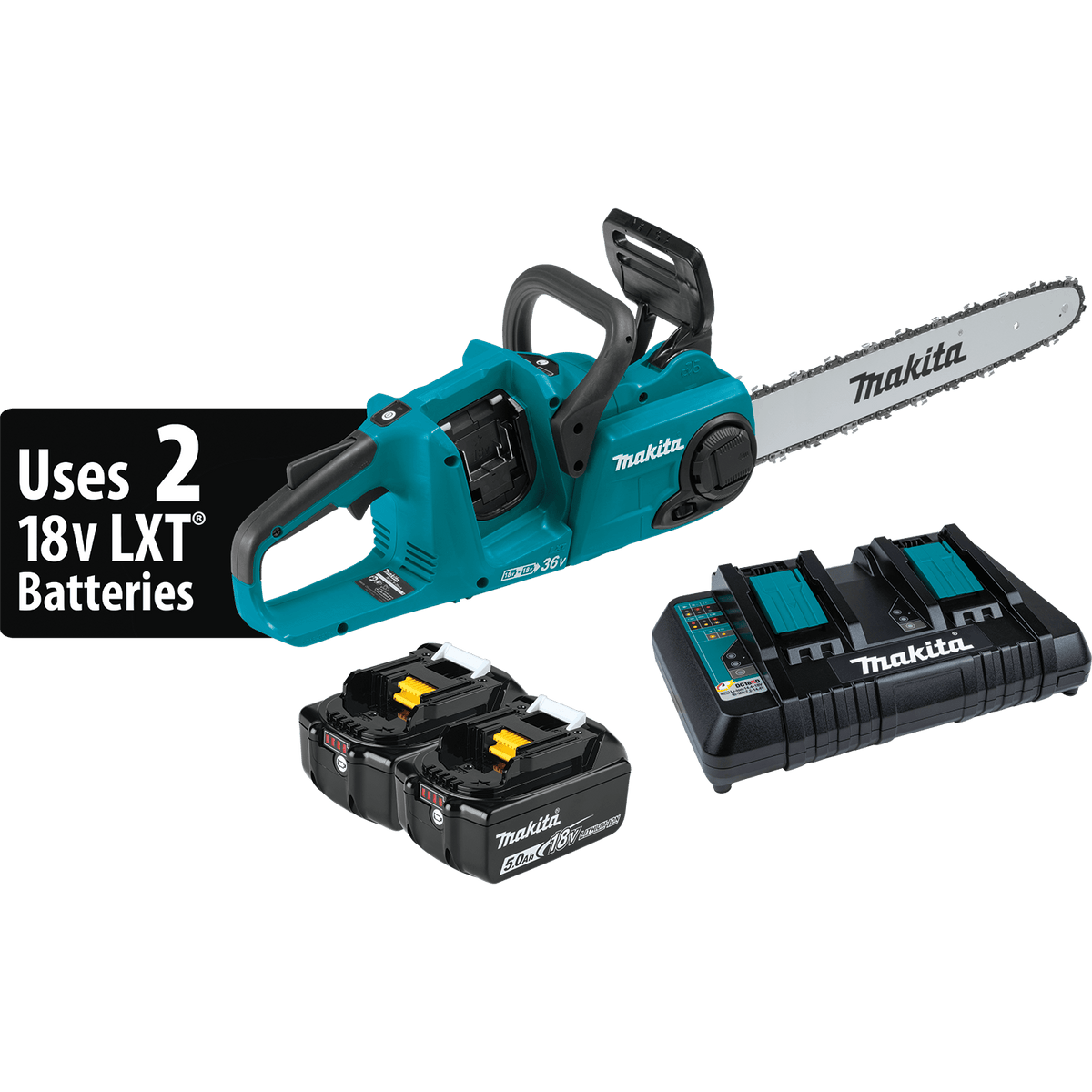 Makita XCU04PT 36V 18V X2 LXT 16-inch brushless chainsaw kit including two 5.0Ah lithium-ion batteries and a dual-port rapid charger.